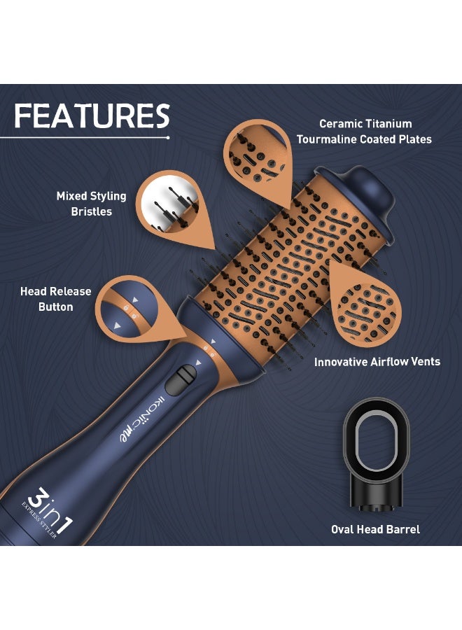 Ikonic 3-in-1 Express Styler, Blue & Copper , 1200W Hot Air Brush & Volumizer Blow Dryer for Women, Ceramic Titanium Tourmaline Coating, Innovative Airflow Vents, Mixed Styling Bristles,All Hair Type - Image 3